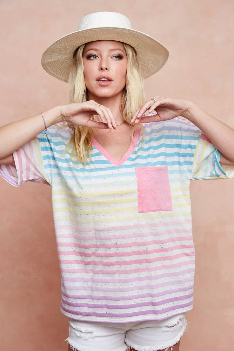 BiBi Rainbow Stripe Printed Triblend Knit Top - Love Salve